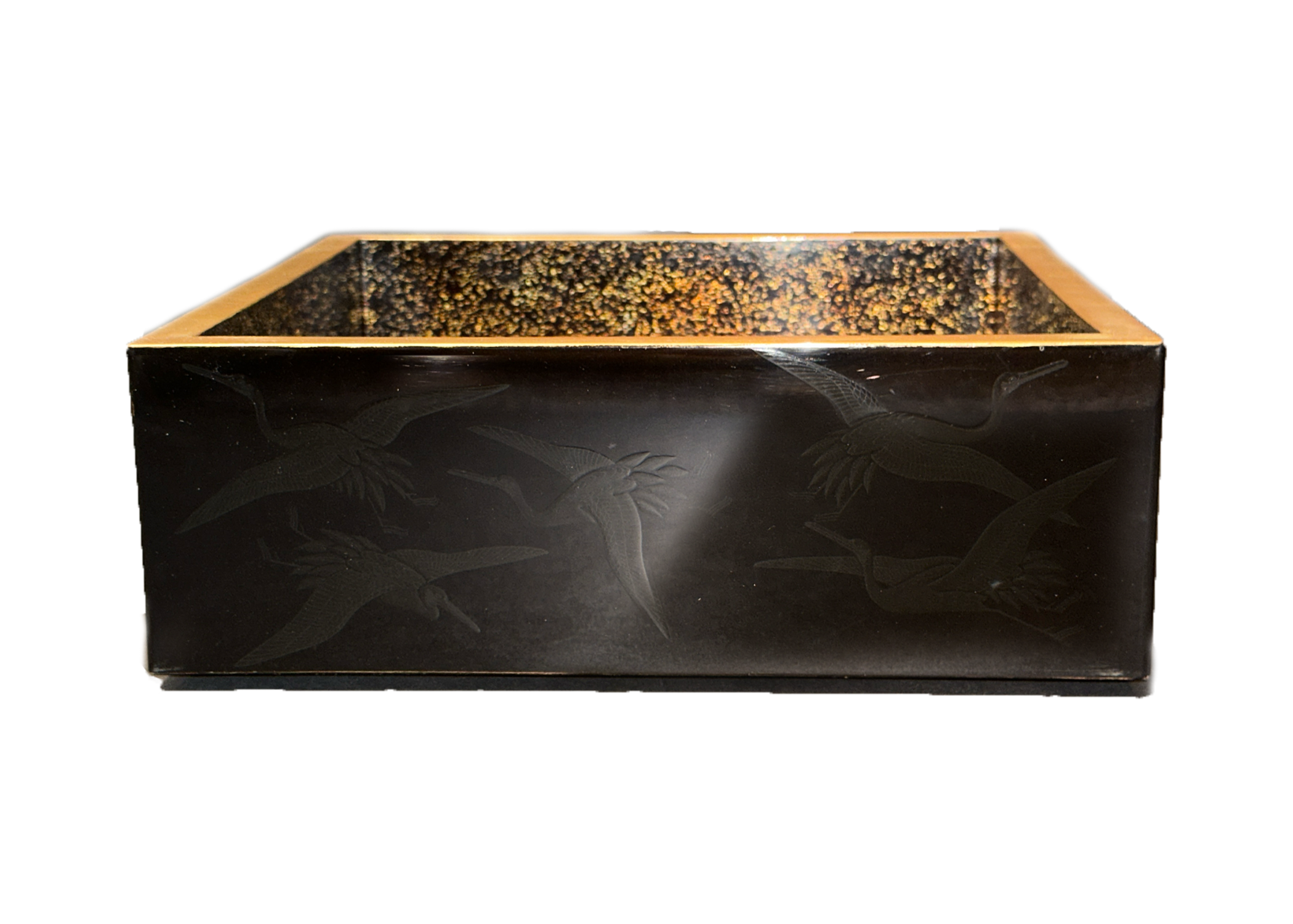 Japanese Black Lacquer Boxes with Embossed Cranes and gold detailing