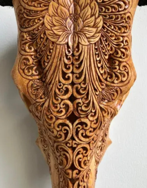 Indonesian Carved Cow Skull - Lotus Motif