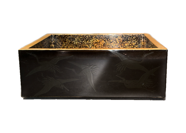 Japanese Black Lacquer Boxes with Embossed Cranes and gold detailing, Pair