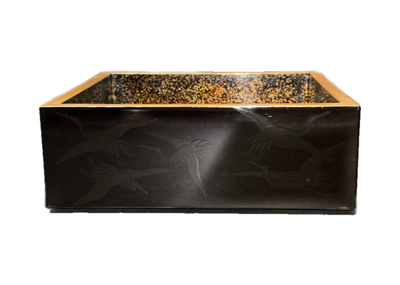 Japanese Black Lacquer Boxes with Embossed Cranes and gold detailing, Pair