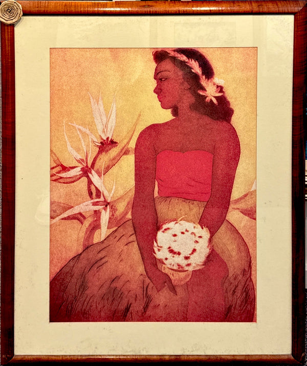 "Hula Dancer" Royal Hawaiian Menu Koa Framed Print - John Kelley