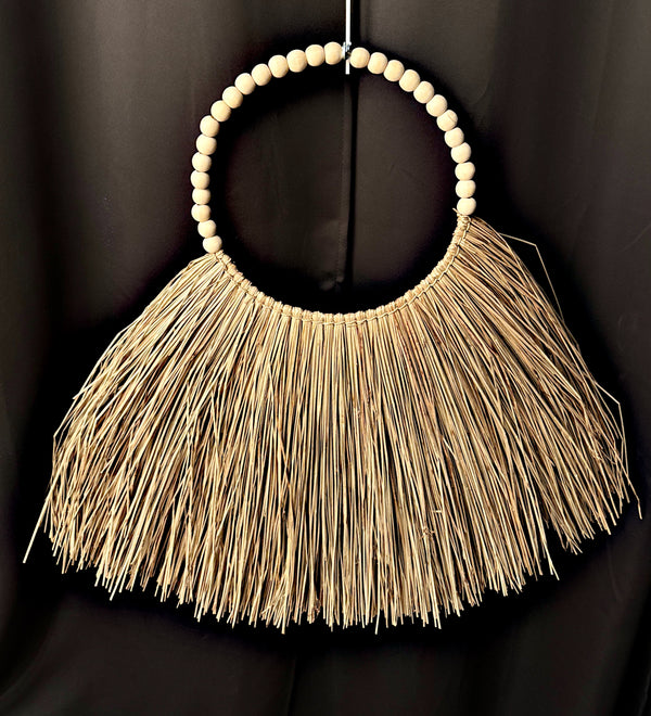 Large Natural Straw Wall Decor with Wood Beads