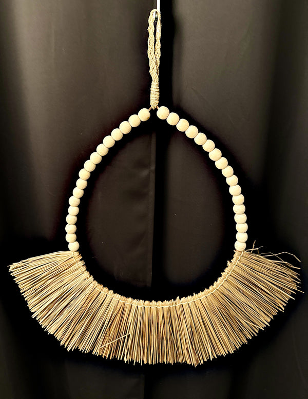 Small Natural Straw Wall Decor with Wood Beads