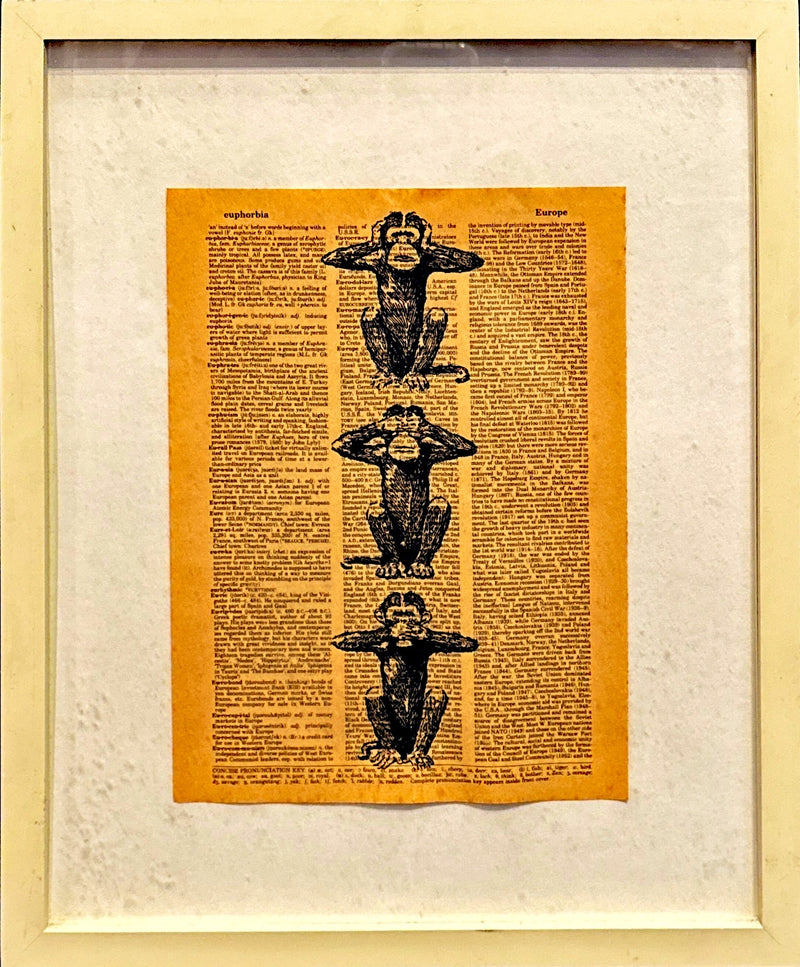 "Hear No Evil" Framed Book Page Art - Unknown Artist