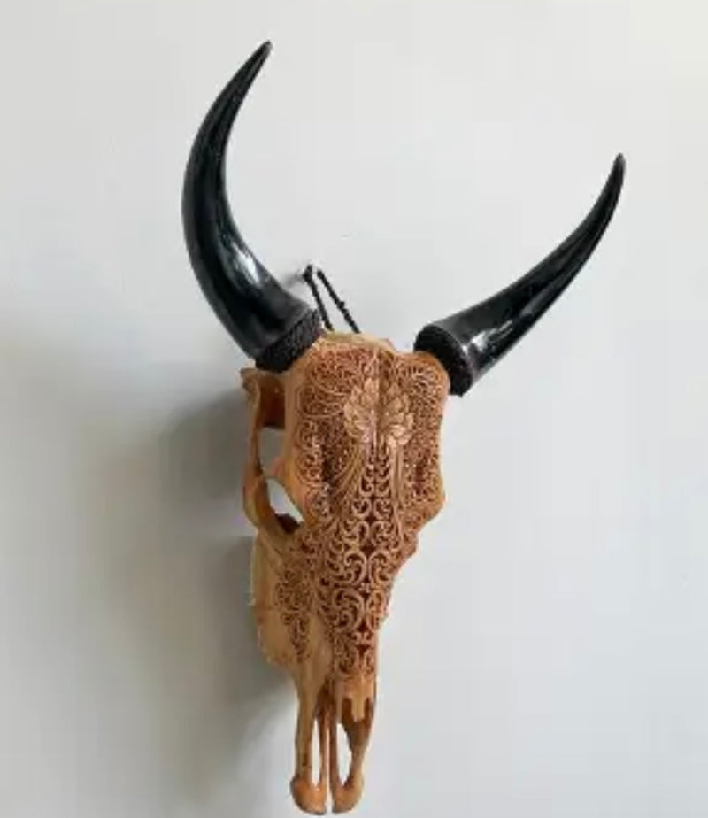 Indonesian Carved Cow Skull - Lotus Motif