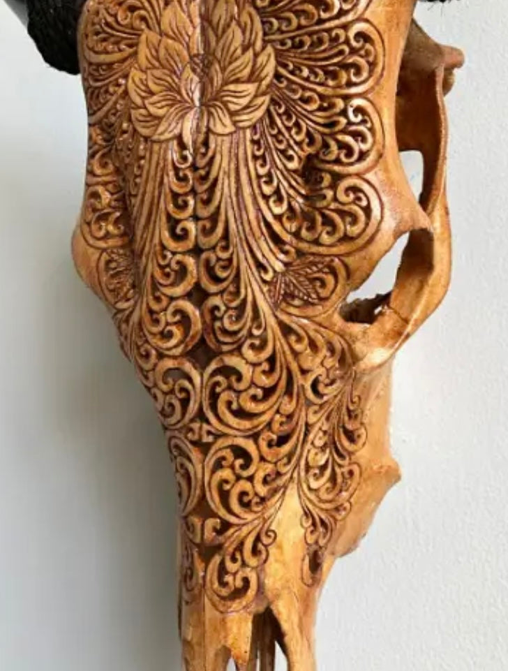 Indonesian Carved Cow Skull - Lotus Motif